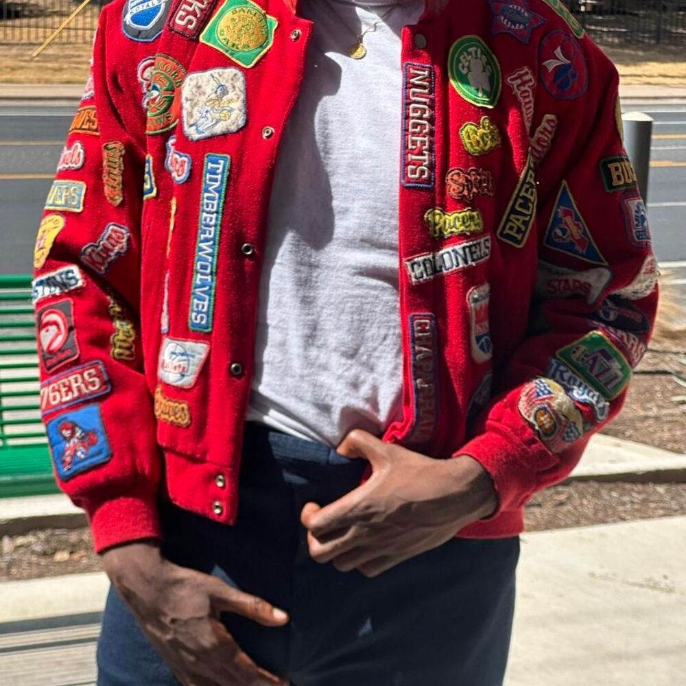 vintage varsity red bomber jacket jeff hamilton nba patchwork
